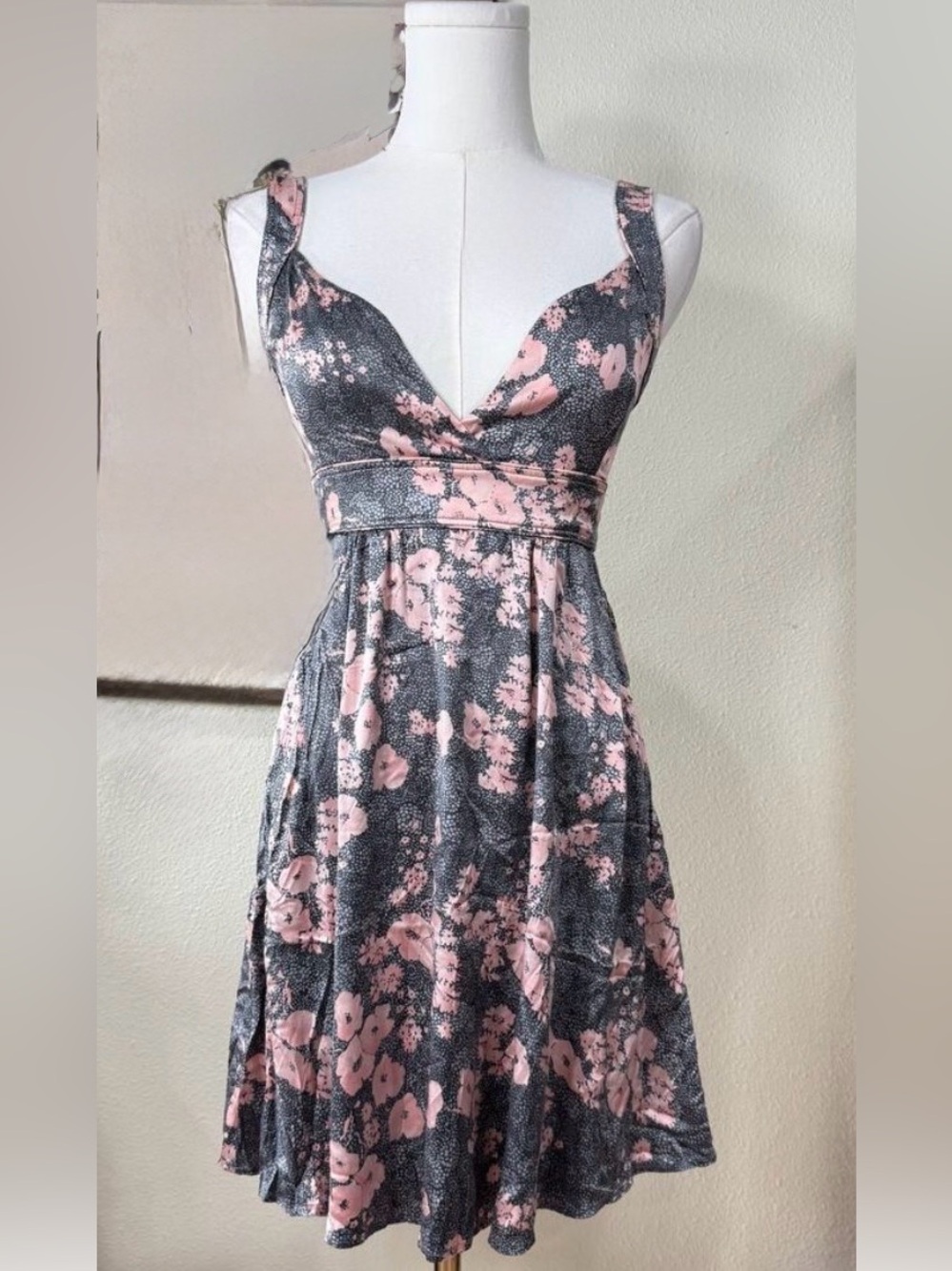 Marciano Gray & Pink Floral Silk Mini Babydoll Dress